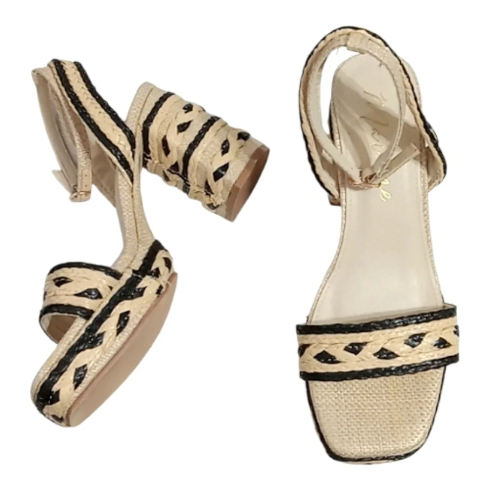 Matisse Lyla Woven Raffia Platform Sandals Natural/Black Block Heel Sz 8